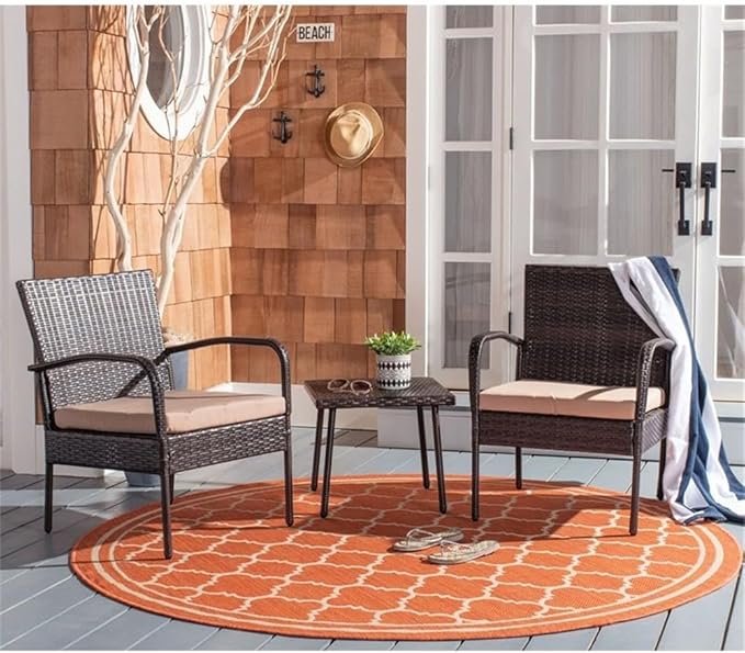 SAFAVIEH Outdoor Collection Moore Brown Rattan/Beige Cushion 3-Piece Patio Lounge Bistro Set with Table (PAT9009B)