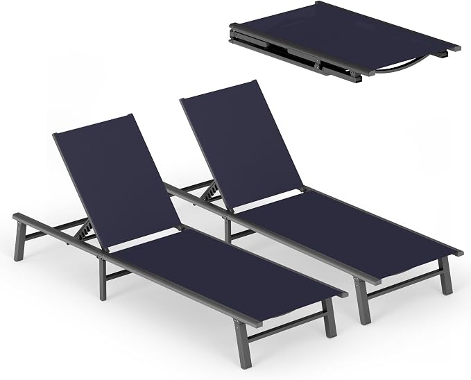 Ciokea Foldable Outdoor Lounge Chair Set of 2, No Assembly Aluminum Chaise Lounge Outdoor with 5 Adjustable Positions, Pool Lounge Chairs with Portable Design for Pool, Deck, Beach, Patio (Navy Blue)