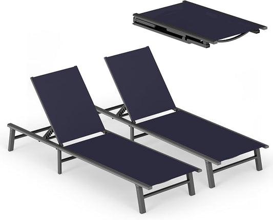 Ciokea Foldable Outdoor Lounge Chair Set of 2, No Assembly Aluminum Chaise Lounge Outdoor with 5 Adjustable Positions, Pool Lounge Chairs with Portable Design for Pool, Deck, Beach, Patio (Navy Blue)