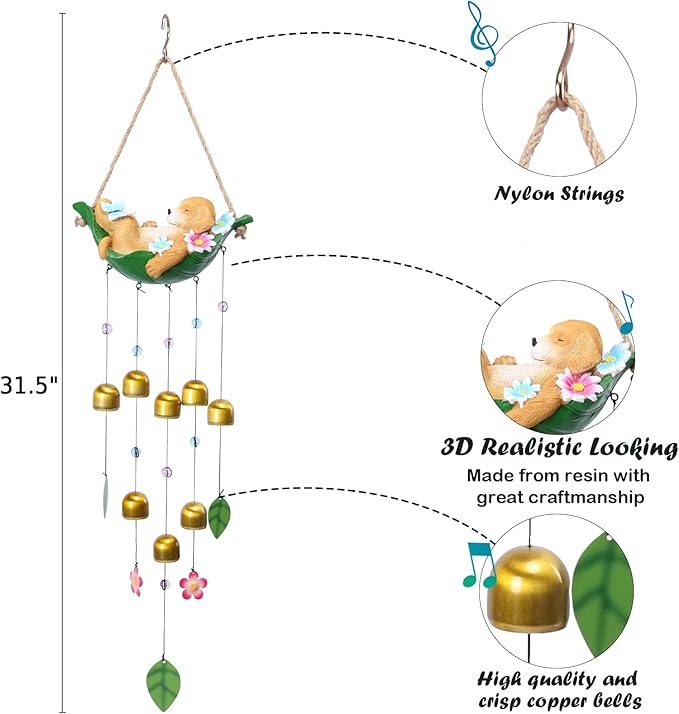 Taman Wind Chime - 29" Wind Bell for Outside Resin Dog Decorative Metal Bronze Mobile Wind Chime Memorial Sympathy Gift for Home, Outdoor, Yard, Patio,Garden Decor