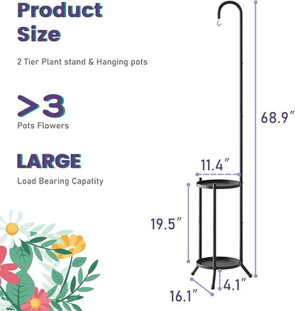 2-Tier Metal Plant Stand with Hanging Hook, Indoor Outdoor Plant Shelf,Heavy Duty Plant holder Rustproof Iron Multiple Plant Round Supports Rack for Planter Corner Garden Balcony Patio (Black)