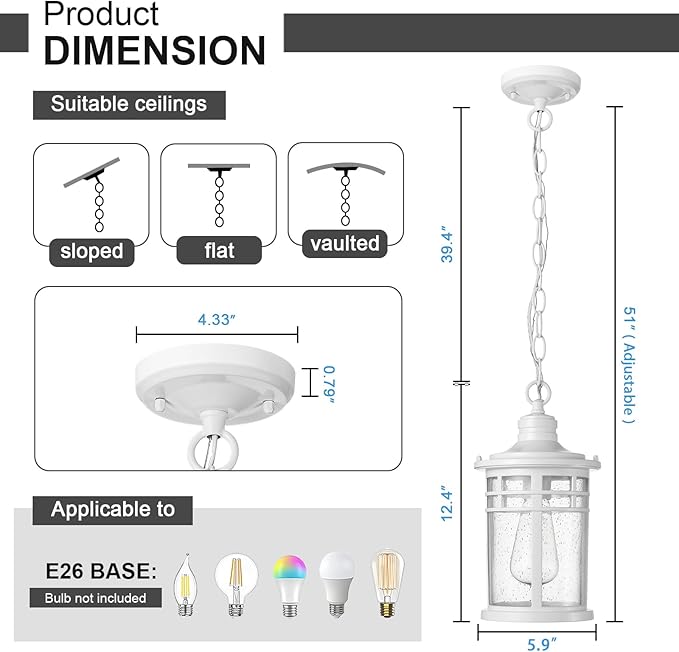 Darkaway Outdoor Pendant Lights for Porch, Outdoor Chandelier Hanging Porch Lights Ceiling Mount Aluminum with Seeded Glass for Front Porch Gazebo Patio (Medium, White)