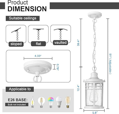 Darkaway Outdoor Pendant Lights for Porch, Outdoor Chandelier Hanging Porch Lights Ceiling Mount Aluminum with Seeded Glass for Front Porch Gazebo Patio (Medium, White)