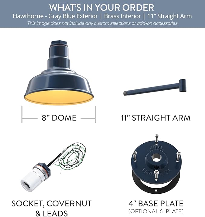 Steel Lighting Co. | Dusk to Dawn | Hawthorne Barn Light | Outdoor Wall Mounted | 8 in Dome | 11 inch Straight Arm| Small Farmhouse Light Made in America | Gray Blue/Brass