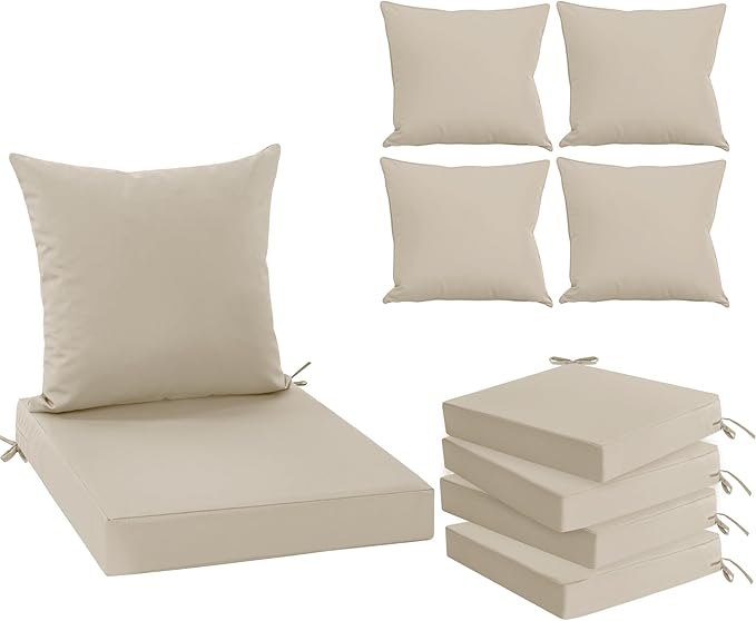 Outdoor Chair Cushion Weather Resistant, Backrest and Seat Cushion Set for Patio Furniture with Waterproof Removable Cover, 19 x 19 Inch, Cream, Set of 4