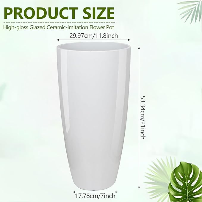 Set of 2 Large 21" Tall Planters for Indoor Outdoor, Heavy-Duty Resin with Drainage Holes & Unique Textured Design, Perfect for Porch, Patio, Backyard Home Decor, White