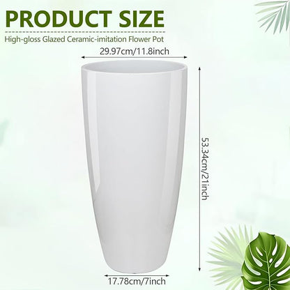 Set of 2 Large 21" Tall Planters for Indoor Outdoor, Heavy-Duty Resin with Drainage Holes & Unique Textured Design, Perfect for Porch, Patio, Backyard Home Decor, White