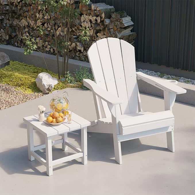 Folding Adirondack Chairs with Cup Holders, Set of 6 HDPE Plastic Outdoor Chairs, Weather Resistant, Real Wood Look, Heavy-Duty Patio Furniture for Deck, Fire Pit, Backyard, White