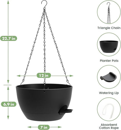 2 Pack 12 Hanging Flower Pots with Chains Self Watering Plastic Planters for Indoor Outdoor Plants, Sturdy Triangular Iron Chain Design for Garden PorchPlastic Hanging Flower pots (2, Black)