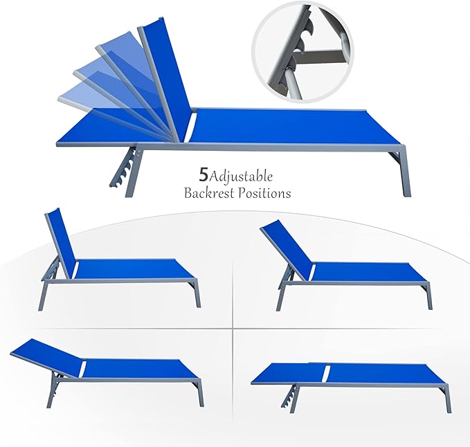 Domi Patio 3 Pieces Textilene Chaise Lounge Set with Side Table Outdoor,Adjustable Back&Pillow for Yard,Garden,Sunbathing,for All Seasons,Blue