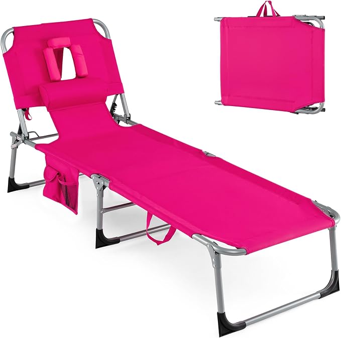 Goplus Tanning Chair, Folding Adjustable Patio Lounge Chair with Face Hole, Removable Pillow, 330LBS, Carry Strap, Outdoor Sunbathing Chair, Lightweight Portable Beach Lounge Chair, No Assembly