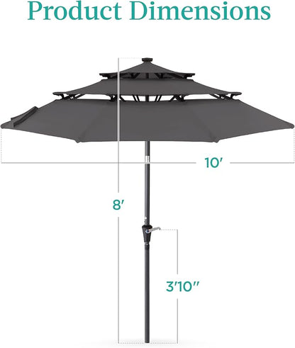 Best Choice Products 10ft 3-Tier Solar Patio Umbrella, Outdoor Market Sun Shade for Backyard, Deck, Poolside w/ 24 LED Lights, Tilt Adjustment, Easy Crank, 8 Ribs - Gray