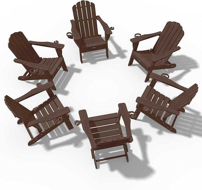 Adirondack Chairs Set of 6, Fire Pit Chairs, Wood Texture Patio Chairs with 2 Cup Holder, Outdoor Lawn Chair, Brown