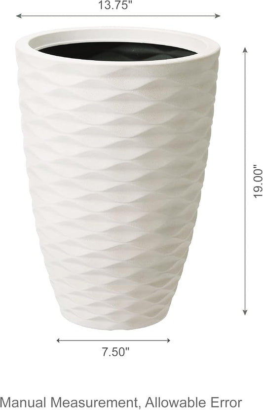 Glitzhome 19" H Large Planters for Outdoor Plants, Set of 2 Large Flower Pots with Drainage Holes, Round Faux Ceramic Wave Textured, White Tall Planters for Porch Garden Indoor Outdoor Use