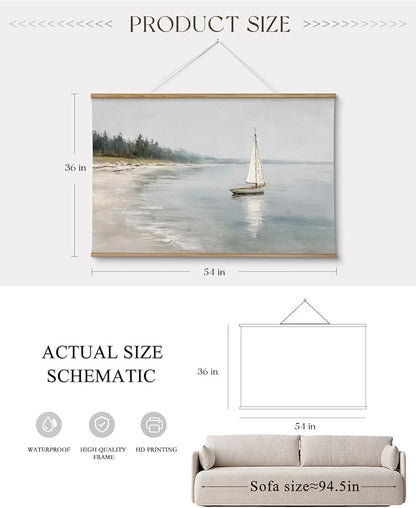 ARPEOTCY Extra Large Vintage Framed Wall Art, 36x54 Inch Coastal Ocean Sailboat Beach Landscape Hanging Canvas Prints Wall Art Decor for Living Room Bedroom, Retro Scenery Pictures Above of Bed