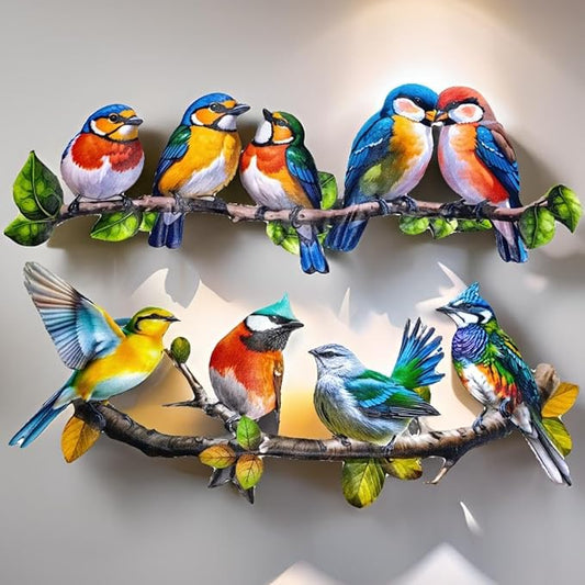 Meduofon Metal Birds Outdoor Wall Art Decor, Vivid Bird on Branch Hanging Leaves Metal Hummingbird Decor Suitable for Porch Fence Garden Outdoor Indoor Wall Decorations (2 Pack Birds Colorful)