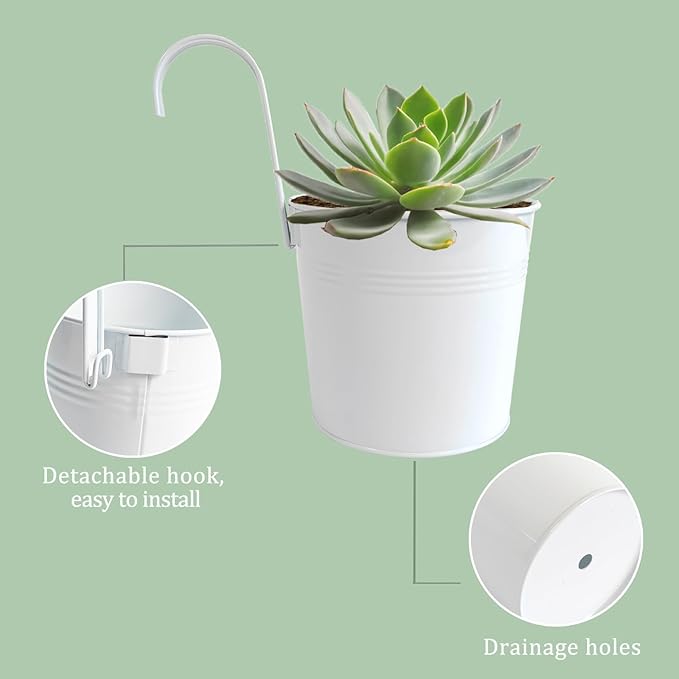 Pack of 4 Hanging Flower Pots, 6" White Metal Balcony Planters for Herb Succulent, Samll Railing Fence Hanging Bucket for Outdoor/Indoor Decoration (White, Pack of 4)