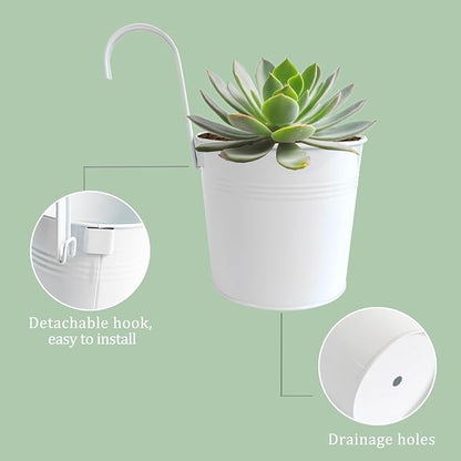 Pack of 4 Hanging Flower Pots, 6" White Metal Balcony Planters for Herb Succulent, Samll Railing Fence Hanging Bucket for Outdoor/Indoor Decoration (White, Pack of 4)