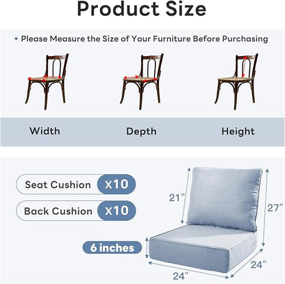 6" Thicker Outdoor Chair Cushion 10 Sets - 24" *24" *6" Waterproof Patio Furniture Cushions with Removable Cover, 28D High Density Sponge Filling Thicken Outdoor Patio Cushions - Baby Blue