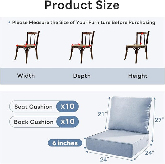 6" Thicker Outdoor Chair Cushion 10 Sets - 24" *24" *6" Waterproof Patio Furniture Cushions with Removable Cover, 28D High Density Sponge Filling Thicken Outdoor Patio Cushions - Baby Blue