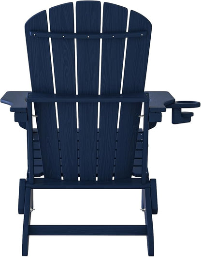 Plawdlik Folding Adirondack Chair, SGS Tested, Wooden Textured with Cup Holder, Heavy All-Weather HDPE Comfortable Set Poolside Backyard Lawn Navy Blue Set 2