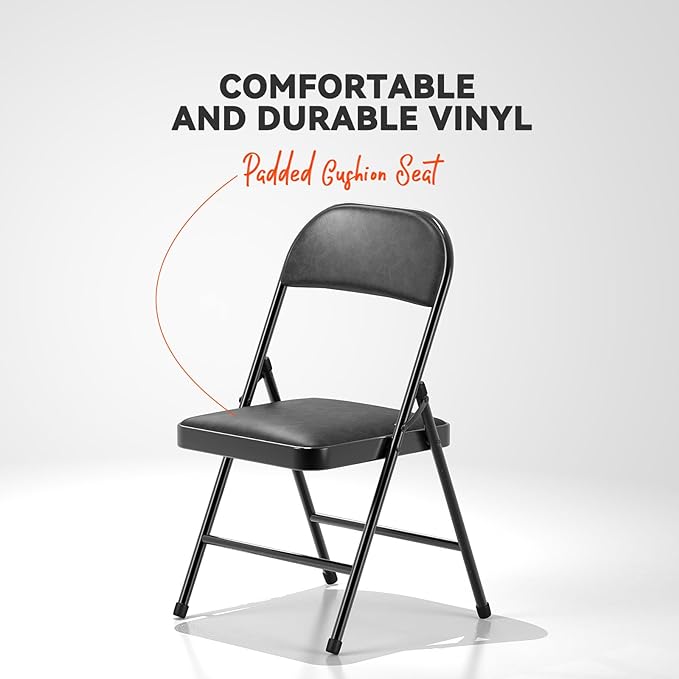 Nazhura 4 Pack Folding Chairs with Padded Vinyl Cushion Chairs with Comfortable Cushion and Durable Steel Frame for Home and Office, for Indoor and Outdoor Events (Black, Vinyl)