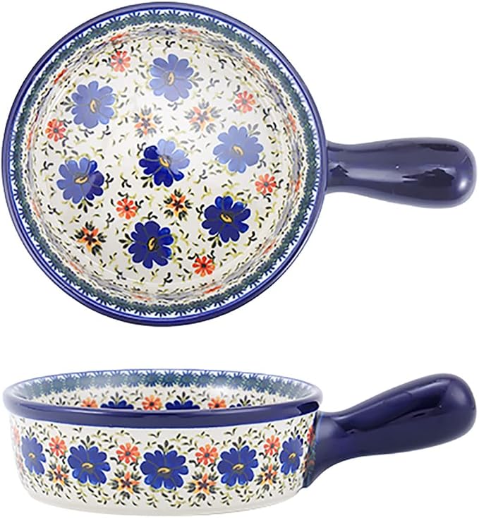 Vintage Style Blue Flowers Phalaenopsis Pottery Bakeware Ceramic Casserole Dish Baking Pan Lasagna Pans Baking Dish with Handles for Oven to Table-1 PCS, 20 OZ