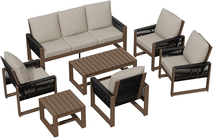 Rustic Hideaway Natural Cedar Wood Outdoor Furniture Set, Wicker Patio Conversation Set for Porch Garden Backyard, Couch, 4 Patio Chairs, Tables, 7 Piece, Brownish/Beige