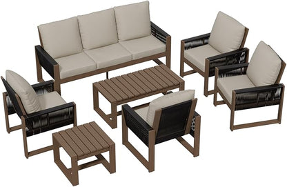 Rustic Hideaway Natural Cedar Wood Outdoor Furniture Set, Wicker Patio Conversation Set for Porch Garden Backyard, Couch, 4 Patio Chairs, Tables, 7 Piece, Brownish/Beige