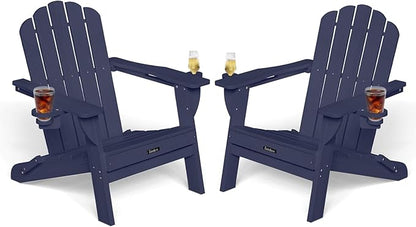Adirondack Chairs Set of 2, HDPE Material Fire Pit Chairs, Plastic Adirondack Chairs with 2 Cup Holder, Outdoor Lawn Chair for Patio Garden, Dark NavyBlue
