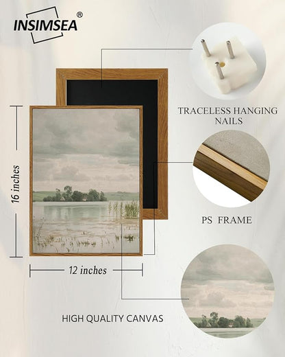 InSimSea Framed Canvas Prints Art Vintage Decor, Countryside Wall Art Decorations for Living Room, Retro Lakeside Paintings Prints, Home Wall Decor for Bathroom Bedroom, 12"x16"