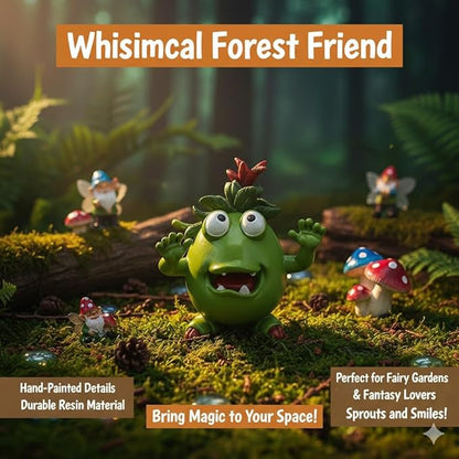 Cute Green Monster Resin Figurine Indoor Outdoor Garden Statue Whimsical Funny Desk Decor - Little Alien Creature with Red Flower/Sprout, Unique (Green)