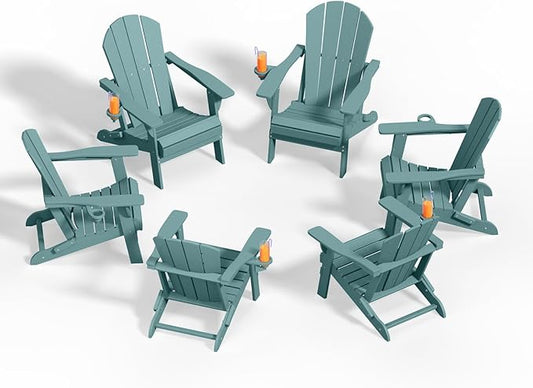 Folding Adirondack Chairs with Cup Holders, Set of 6 HDPE Plastic Outdoor Chairs, Weather Resistant, Real Wood Look, Heavy-Duty Patio Furniture for Deck, Fire Pit, Backyard, Aruba Blue