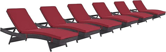 Modway Convene Wicker Rattan Outdoor Patio Chaise Lounge Chairs in Espresso Red - Set of 6