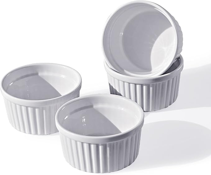 Cinf Porcelain 8 oz Ramekin White Set of 4 Pudding Bowls Dishes Cup for Baking,Souffle Cups Dishes, Creme Brulee, Custard Cups, Desserts, Oven, Microwave, Freezer and Dishwasher Safe