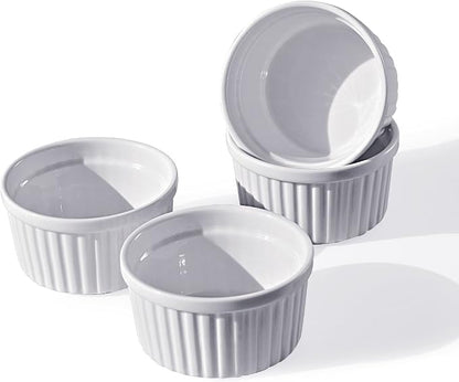 Cinf Porcelain 8 oz Ramekin White Set of 4 Pudding Bowls Dishes Cup for Baking,Souffle Cups Dishes, Creme Brulee, Custard Cups, Desserts, Oven, Microwave, Freezer and Dishwasher Safe