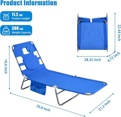 SUNNYFEEL Lay Flat Tanning Chair 2 Pack with Face Down Hole & Arm Slots, Beach Lounge Chair, 5-Position Folding Sunbathing Chair, 300 LBS Heavy Duty, 72" L x 22" W for Beach, Pool, Camping