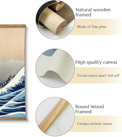 VIYYIEA Extra Large Size Canvas Wall Art, 36x54 The Great Wave off Kanagawa Scroll Hanging Japanese Print, Famous Artwork for Living Room, Bedroom, or Office