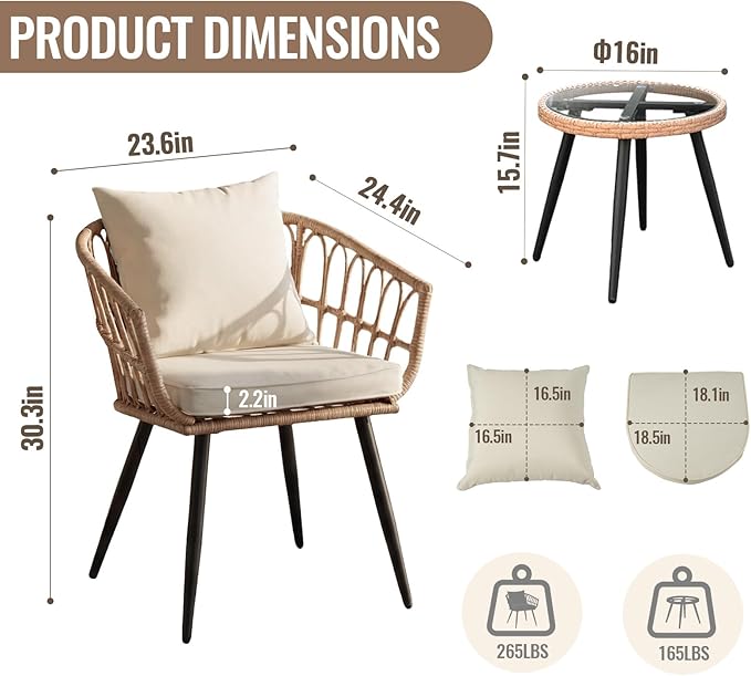 3 Piece Patio Bistro Set, Outdoor Wicker Apartment Balcony Furniture Set, All-Weather Rattan Patio Conversation Set for Backyard, Balcony and Porch with Soft Cushions, Tempered Glass Side Table(Beige)