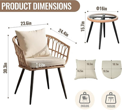 3 Piece Patio Bistro Set, Outdoor Wicker Apartment Balcony Furniture Set, All-Weather Rattan Patio Conversation Set for Backyard, Balcony and Porch with Soft Cushions, Tempered Glass Side Table(Beige)