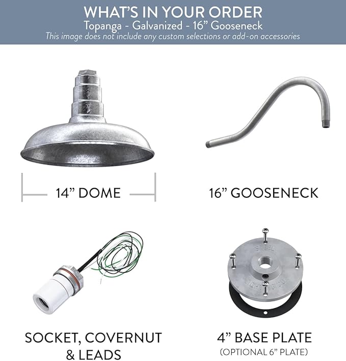 Steel Lighting Co. Topanga Barn Light | Outdoor Wall Mounted | Farmhouse Garage Light Made in America | 14 inch Dome | 16 inch Gooseneck | Galvanized Exterior/Galvanized Interior