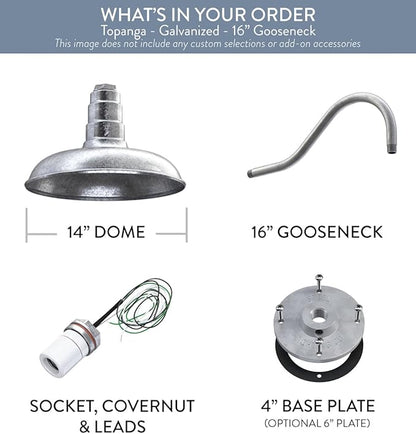 Steel Lighting Co. Topanga Barn Light | Outdoor Wall Mounted | Farmhouse Garage Light Made in America | 14 inch Dome | 16 inch Gooseneck | Galvanized Exterior/Galvanized Interior