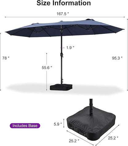 PURPLE LEAF 14ft Patio Market Umbrella with Base Double-Sided Rectangle Outdoor Table Sun Umbrellas with Crank 12 Heavy Duty Sturdy Ribs for Pool Beach Deck Backyard Navy Blue
