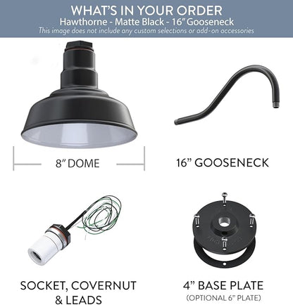 Steel Lighting Co. | Dusk to Dawn | Hawthorne Barn Light | Outdoor Wall Mounted | 8 in Dome | 16 inch Gooseneck| Small Farmhouse Light Made in America | Matte Black Exterior/White Interior