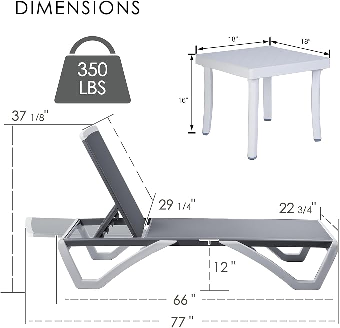 Kozyard Outdoor Chaise Lounge Chair Set, Fully Flat Adjustable Patio Lounger with Aluminum Frame & Resin Legs, Textilene Fabric for Poolside, Backyard & Beach (Gray, Chair + Table)