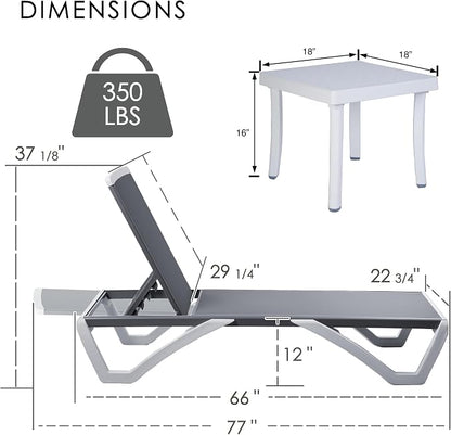 Kozyard Outdoor Chaise Lounge Chair Set, Fully Flat Adjustable Patio Lounger with Aluminum Frame & Resin Legs, Textilene Fabric for Poolside, Backyard & Beach (Gray, Chair + Table)
