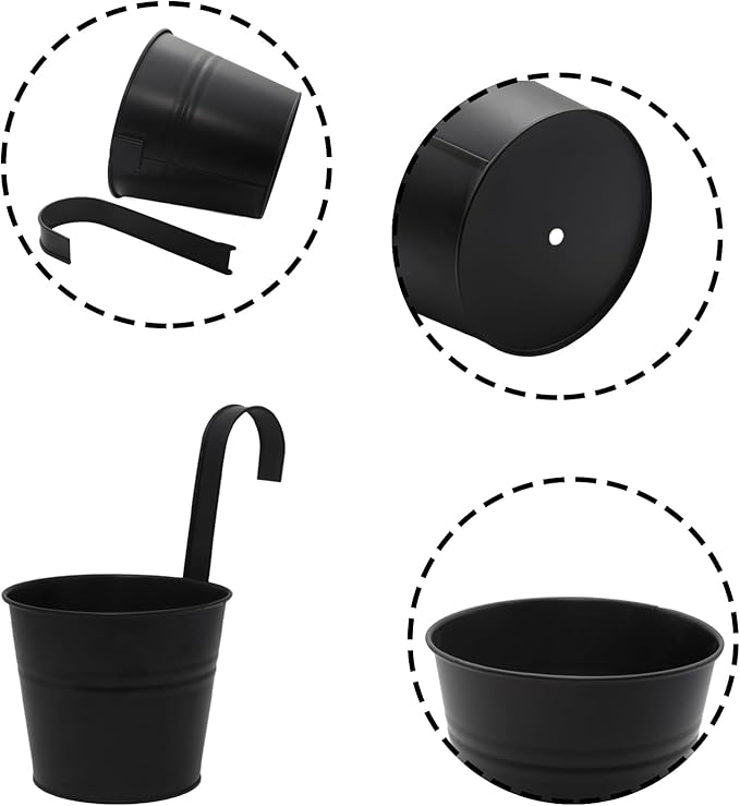 Hanging Planters Set of 2 - Small Modern Black Outdoor Pots with Sturdy Hooks, Space-Saving Design for Patio, Garden, Balcony - Durable Weather-Resistant Plant Containers