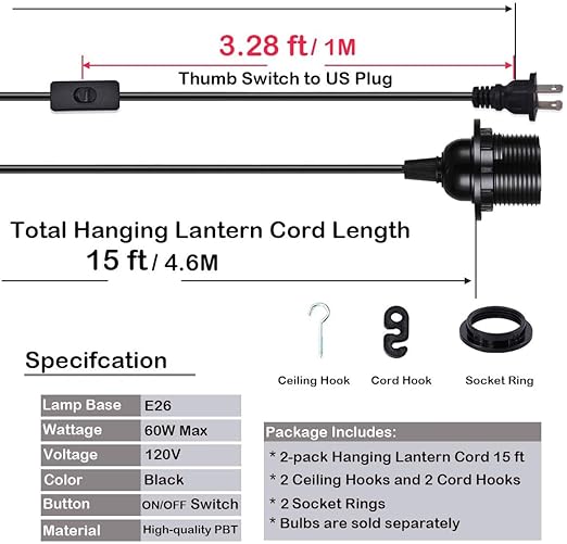 HESSION 2-Pack 15 Feet Plug in Pendant Light, Black Extension Hanging Lantern Cord Cable with in-Line On/Off Switch, E26 E27 Socket