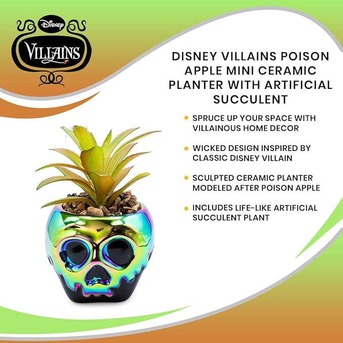 Disney Villains Evil Queen Poison Apple Ceramic Planter with Artificial Succulent | Small Flower Pot, Faux Indoor Plants For Desk Shelf, Home Decor Trinket Tray | Snow White and the Seven Dwarfs Gifts