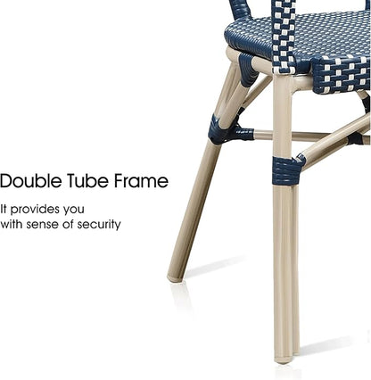 PURPLE LEAF Dining Chair Set of 2 Outdoor French Bistro Chairs Hand-Woven Aluminum Wicker Rattan Armchair for Garden Kitchen Backyard Porch White Print Finish Patio Chairs Deep Blue